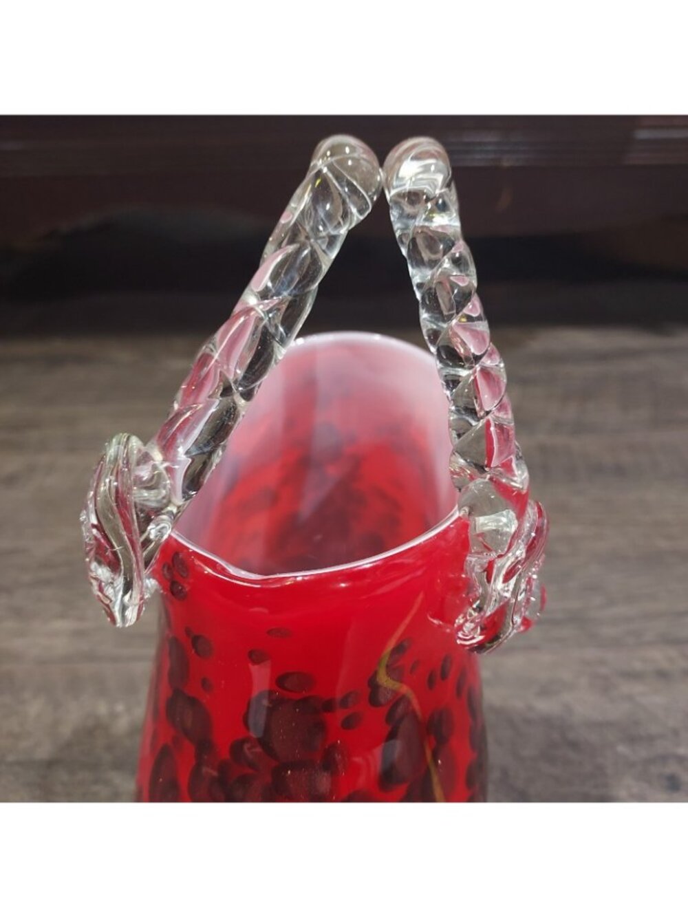 Hand Blown Red Glass Purse Vase Gold Fleck Cheetah Print - Picture 10 of 14